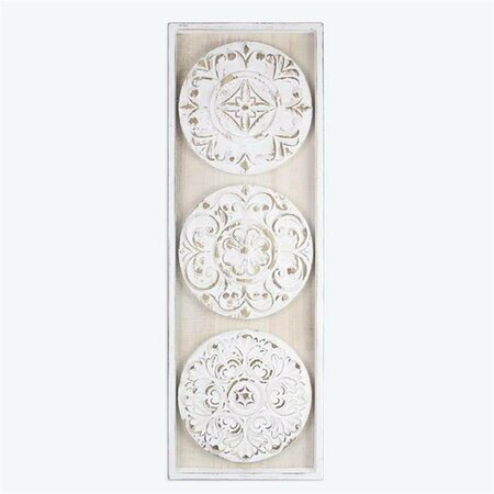 YOUNGS Wooden Framed Medallion Wall Decor Plaque, White Washed & Natural 20809